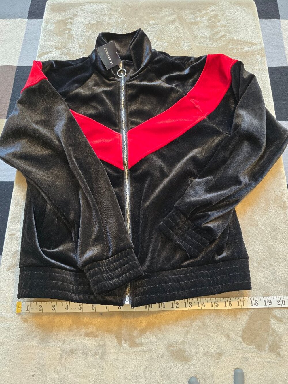 Forever 21 Velvet Track Jacket Black Red Chevron Zip Up - Size S